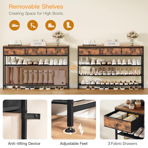 usikey 4 Tier Shoe Rack with 3 Drawers & 3 Oxford Fabric Shelves, Holds 15-18 Pairs, Metal Shoe Storage with Wood Top, Shoe Organizer for Entryway, Closet, Apartment, Rustic Brown UNYXJX022F - color: 4 Tier ( 44.9 X 11 X 30.3 Inches)-rustic Brown