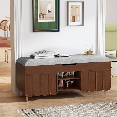3More 40" Entryway Shoe Storage Bench,Upholstered Hidden Space Beneath Seat Cushion Bench,2-Tier Unique Geometric Shape with Wood Grain,Walnut - color: Brown