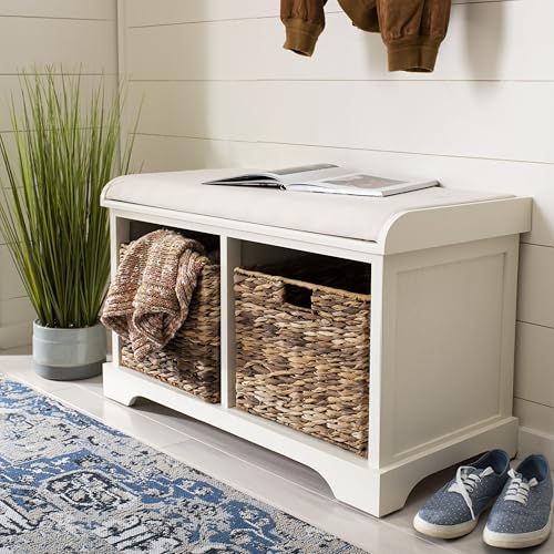 SAFAVIEH Home Collection – Freddy Vintage White Storage Bench with Wicker Baskets & Cushion, Entryway Seating Bench, Fully Assembled (AMH5736D) - color: Vintage White