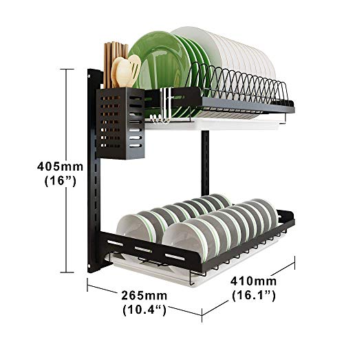 junyuan Kitchen Dish Rack,Hanging Dish Drying Rack Organizer Storage Shelf Over Sink,2 Tier Wall Mount Bowl Holder with Drain Tray and Silverware Stainless Steel Black Coating Ajustable Height - size: 2tier-Wall Mount