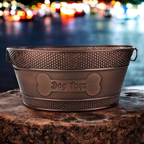 BREKX Indestructible Metal Dog Toy Bin - Copper Galvanized Storage Bin with Handles, Pet Storage Organizer - Ropes, Blankets, & Leashes, Bone Design Pet Toy Box (15-Quart) - color: Antique Copper