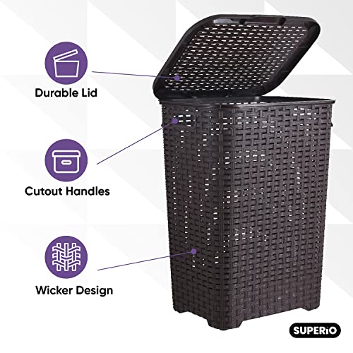 Superio Laundry Hamper Basket With Easy Open Lid 60 Liter Large Wicker Hamper, Dirty Cloths Storage With Two Cutout Handles, Laundry Room Bin (2 Pack, Brown) - color: Brown, size: 2-pack