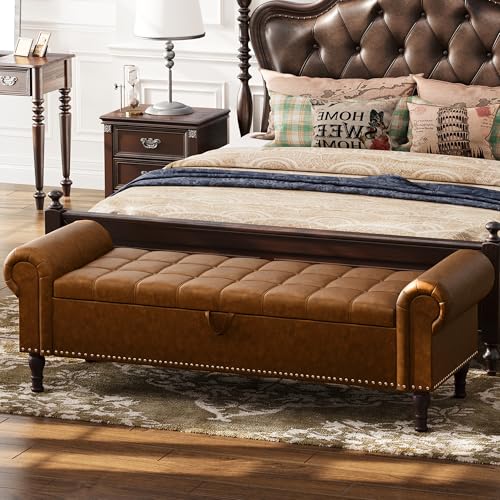 Apicizon 60” Bench with Storage, Upholstered Tufted Button Bedroom Bench with Storage, Faux Leather Ottoman Bench for Bedroom, Living Room, Entryway, Yellow Brown - color: Brown, size: 60 Inches