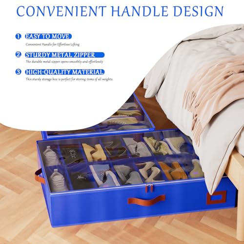 homyfort Under Bed Shoe Storage Organizer, Underbed Shoes Storage Containers, set of 2, fits up to 32 Pairs of Shoes (Blue) - color: Blue