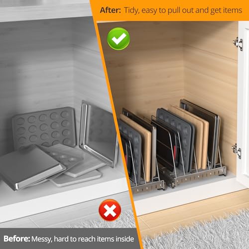 Pull Out Cabinet Organizer for Cutting Board, Cookie Sheet, Baking Sheet, Stainless Steel Sliding Rack for Bakeware & Trays, Heavy-Duty Cutting Board Organizer (12.9” x 16.5” (32.6 x 41.8 cm)) - style: 12.9”W x 16.5”D (32.6 x 41.8 cm)