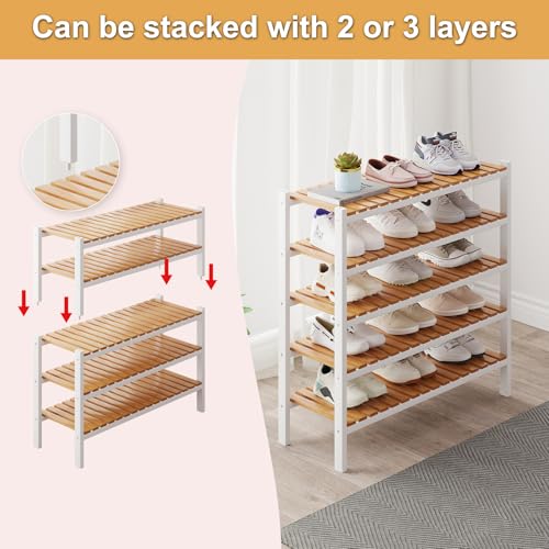 Bamboo Shoe Rack Organizer for Closet and Entryway-Space-Saving Narrow Shoe Stand-Versatile Shoe Holder for Door or Closet Shelf,Garage Bedroom can Freely Stack DIY Small Shoe Racks 3 Tier Mixed color - color: White+natural Color, size: 3-Tier