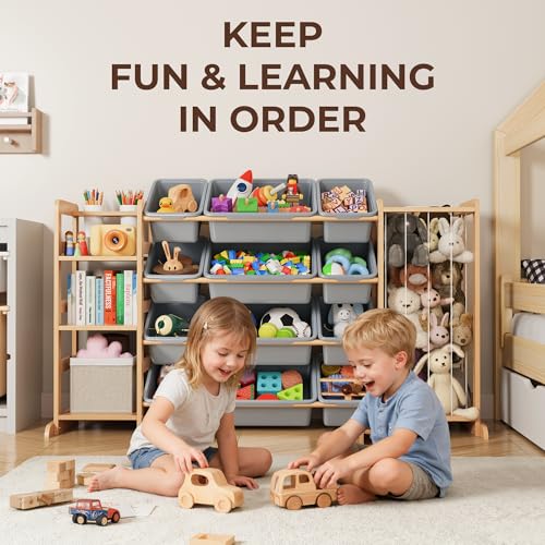 Toy Storage Organizer with Bookshelf and Stuffed Animal Storage - Kids Playroom Organization with Shelves and 12 Toy Bins - Toddler Living Room Toy Box for Lego - Nursery Bedroom Decor Essentials - color: Grey, size: 55.2"W,3 Shelves,12 Bins