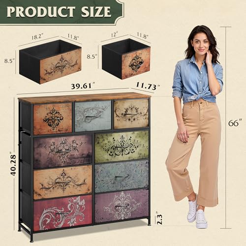 WLIVE 9 Drawer Dresser, Fabric Storage Tower for Bedroom, Hallway, Closet, Tall Chest Organizer Unit for Bedroom with Fabric Bins, Steel Frame, Wood Top, Easy Pull Handle, Pattern - color: Pattern