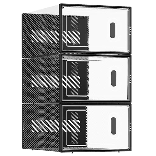 BALEINE 3 Pack Stackable Shoe Storage Boxes Fit Size 9, Thickened Clear Shoe Box Bins with Lids, Plastic Foldable Shoe Rack Organizer Sneaker Storage Containers (Large, Black) - color: Black, size: Large Fits Size 9-3PK