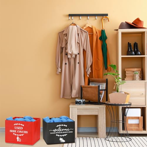 2 Pcs Shoe Cover Boxes Dispenser Foldable Storage Bins, Used Shoe Covers and Welcome Please or Remove Sign Entryway Basket Holder for Open House Supplies(Black, Red) - color: Black, Red