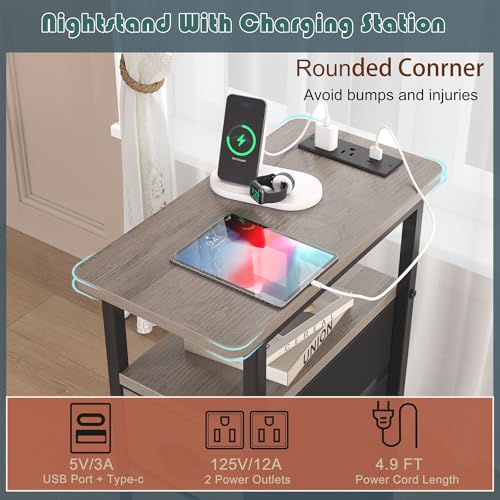 sthmec End Table with Charging Station,LED Side Tables with USB Ports and Outlets,Skinny Bedside Tables with 3 Drawers,Small Tabls Nightstands for Small Space,Slim Sofa Table for Livingroom, Grey - color: Grey, size: 7.88'' W*15.75'' D*24.3'' H, style: Po