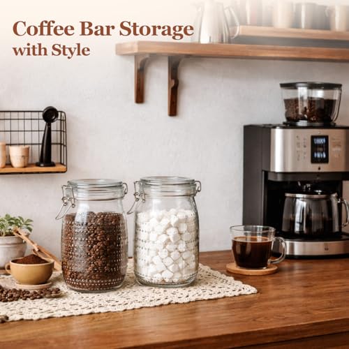 ComSaf 34oz / Set of 3 Glass Small Kitchen Canisters for Coffee Bar & Countertop,Decorative Apothecary Jars for Coffee Station,Embossed Storage Containers for Tea, Sugar, and as a Housewarming Gift - size: 34oz/3pcs