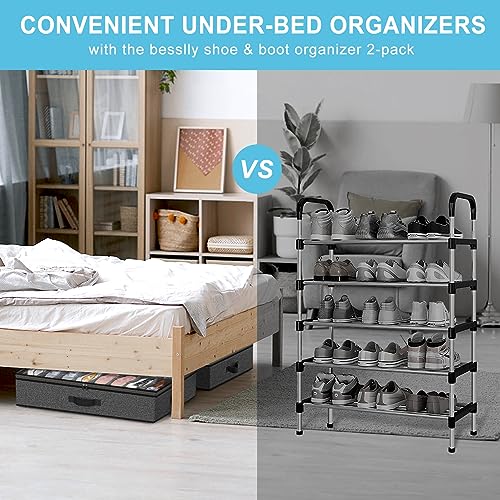 Under Bed Shoe Storage Organizer for Closet, 32 Pairs Sturdy Underbed Shoe Storage Boxes Bins Container Foldable Shoes Storage with Reinforced Handles & Clear Window for College Dorms Grey, Set of 2 - color: Basalt Grey