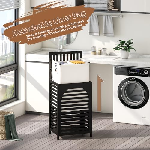 FILWH Laundry Hamper with Lid (16.9 * 13 * 26.5inches) Large Bamboo Laundry Bin Basket 85L Clothes Hamper with 1 Removable Bag Storage baskets for Bathroom(Black) - color: Black