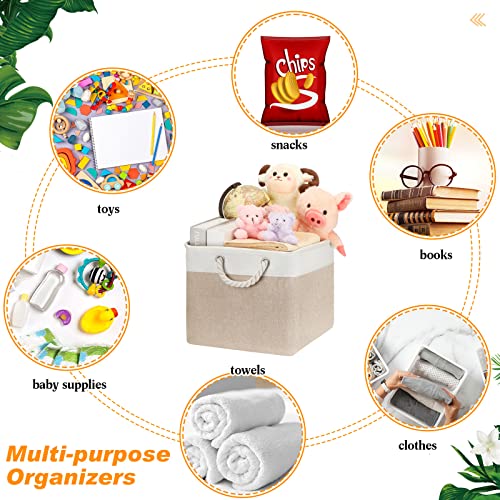 meekoo 8 Pack Collapsible Storage Bins Fabric Storage Bins Polyester Fabric Baskets with Handles Linen Closet Organizer for Shelf Home Closet Towels Toys(15 x 11 x 9.5 in,Beige) - color: Beige, size: 15 x 11 x 9.5 In
