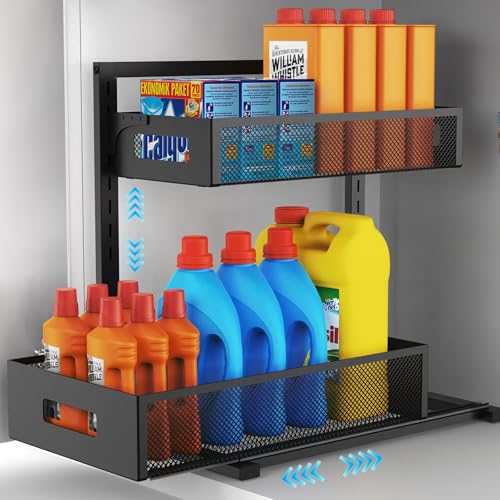 Petiza Under Sink Organizer Pull Out Cabinet Organizer Adjustable Height 2 Tier with Sliding Drawers Kitchen Bathroom Organizer and Storage(1pc) - color: Black, size: Extra Large-1 pack