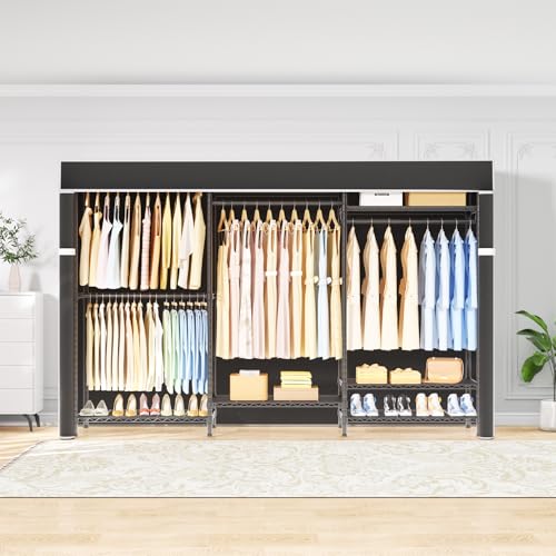 Ulif E13C Pro Heavy Duty Closet Organizer System，Freestanding Clothing Racks for Hanging Clothes，Adjustable Garment Rack 75" W x16 D x77 H Hold 1000lbs，Black Rack with Black Dustproof Cover - color: Black Rack with Black Cover, size: E13C Pro