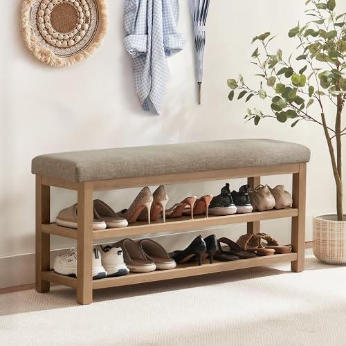 Zihanhome Shoe Rack Bench with Cushion, 2 Tier Solid Wood Storage Bench, Mid-Century Modern Shoe Bench for Entryway, Hallway, Closet, Front Door Entrance, Foyer (Brown, 46.5") - color: Brown, size: 46.5"