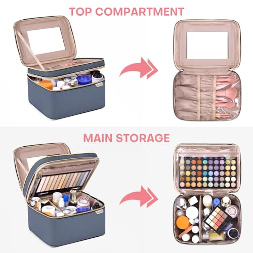 HXLGMD Large Makeup Bag with Mirror Double Layer Travel Make Up Organizer Case, Large Capacity Coemetic with Brush Slot Divider, Travel Toiletry Bag for Women (Aegean Blue) - color: Aegean Blue