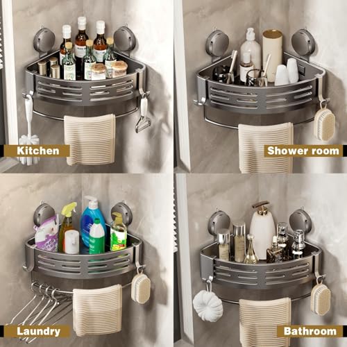 VOLPONE Shower Caddy Corner Suction Cup Shower Shelf Corner No Drilling Bathroom Shower Organizer Storage Rack Adhesive (1-Pack, gray) - style: Suction Cup Triangle with Towel bar 1 Tier Gray