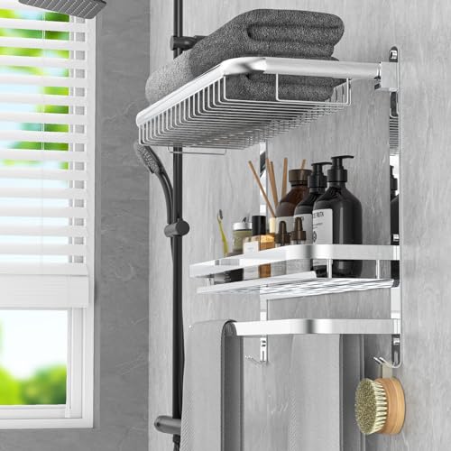 CAXIMSY Foldable 23.22 Inch Rowel Rack Wall Mounted with Bathroom Shower Shelves Stainless Steel Towel Bar Without Drilling and Screw Installation (Silvery) - color: Silvery