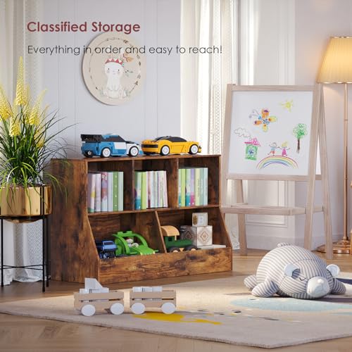 DINZI LVJ Toy Storage Organizer, Kids Bookshelf, Wood Toy Storage Cabinet, 5 Cubby Children Bookcase, 43.3" L Toddler Book Shelf for Playroom, Living Room, Nursery, Hallway, School, Rustic Brown - color: Rustic Brown, size: 2-Tier 43.3"