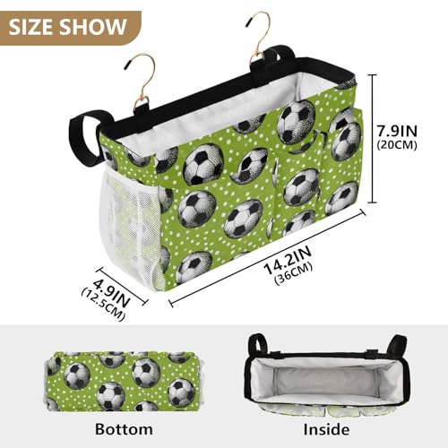 Bedside Caddy Hanging Bunk Bed Caddy Bed Organizer Hanging Pocket with 2 Hooks Bedside Storage Organizer Pocket Bag Holder Deep Green Soccer Balls Dots - color: Deep Green Soccer Balls Dots