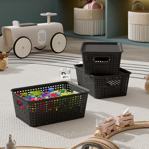 Resze 6-Pack Plastic Storage Bins with Lids, Stackable Organizer Baskets & Containers for Pantry, Kitchen, Cabinet, Closet, Bathroom Organization Toys, Space Saving, Easy-Carry Handles,Black - color: Black