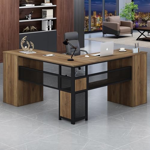 HSH Large L Shaped Home Office Desk with Drawers, Rustic L-shaped Computer Desk with Storage File Cabinet Shelves, Corner Reversible Metal Wood Executive Work Study Writing Table, 59 Inch Bedroom Desk - color: Rustic Oak
