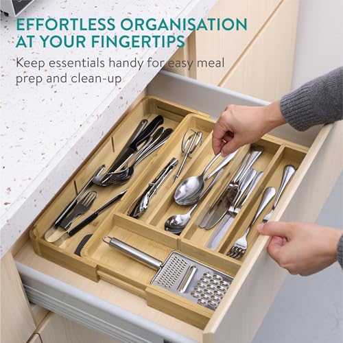 Navaris Bamboo Kitchen Drawer Organizer - Adjustable Silverware Organizer, Utensil Holder & Cutlery Tray - 11 Slots - Expandable Tray for Office, Tools, Makeup, Stationery