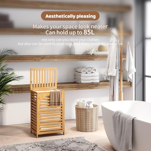 FILWH Laundry Hamper with Lid (16.9 * 13 * 26.5inches) Large Bamboo Laundry Bin Basket 85L Clothes Hamper with 1 Removable Bag Storage baskets for Bathroom(Natural) - color: Natural