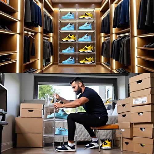 XL Shoe Storage Box,8 Pack Drop Side Shoe Boxes Clear Plastic Stackable,Sneaker Display Case with Magnetic Door Fit up to US 13（13.4”x 10.6”x 8.3”(8 Pack Clear) - color: XL 8 CLEAR