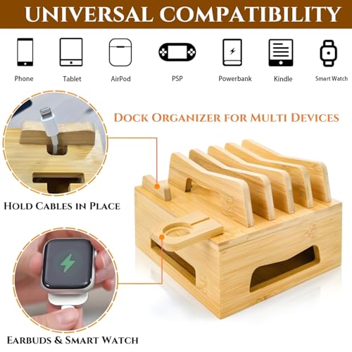 Bamboo Charging Station for Multi Devices, Small Desktop Docking Stand, Cell Phone Docking Station Charger Organizer for Tablets, Smart Watch (No USB Charger No Charging Cables)