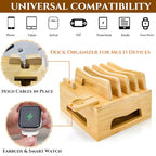 Bamboo Charging Station for Multi Devices, Small Desktop Docking Stand, Cell Phone Docking Station Charger Organizer for Tablets, Smart Watch (No USB Charger No Charging Cables)
