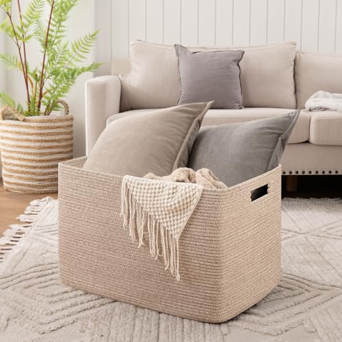 OIAHOMY 118L XXXLarge Cotton Rope Storage Basket, Oversized Blanket Basket, Used for Organizing Dirty Clothes in Living Room, Bedroom, Nursery, Dog Toy Storage Bins, 25" x 17" x 16",Brown variegated - color: Brown