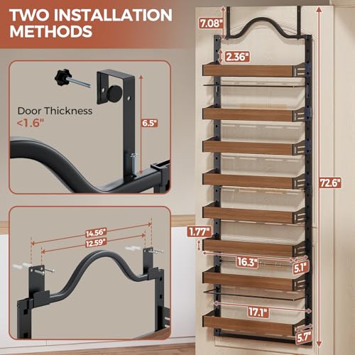 8-Tier Spice Rack Wall Mount, Heavy-Duty Over the Door Pantry Organizer with Wooden Adjustable Basket, 2 IN 1 Wall Mount or Hanging Pantry Door Organizer,Door Spice Rack for Pantry, Black - color: Black