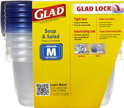 Glad GladWare Medium Rectangle Food Storage Containers with Lids, BPA Free Plastic for Soups Salads and Meal Prep, Airtight Leak Resistant, Microwave Dishwasher Freezer Safe, 24 Oz, 5 Count - 6 Pack - size: 24 oz - 30 Count, style: Rectangle