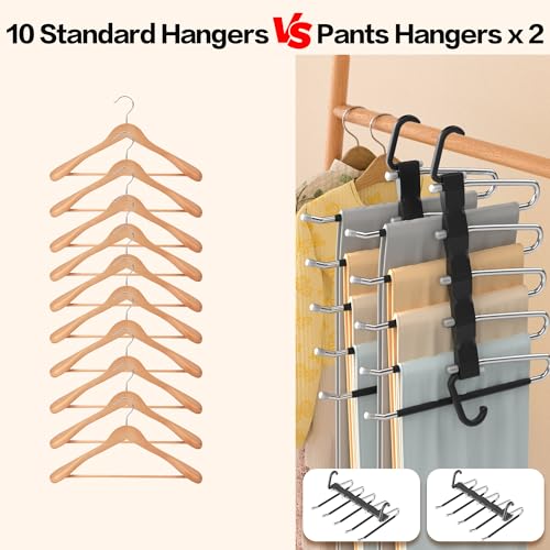 Pants Hangers Space Saving - 2 Pack Closet Organizer and Storage Jean Hangers, Stainless Steel Anti-Slip Clothes Hanger Scarf Holder for Pants Jeans Leggings Trousers Pant Rack, Black - size: 2