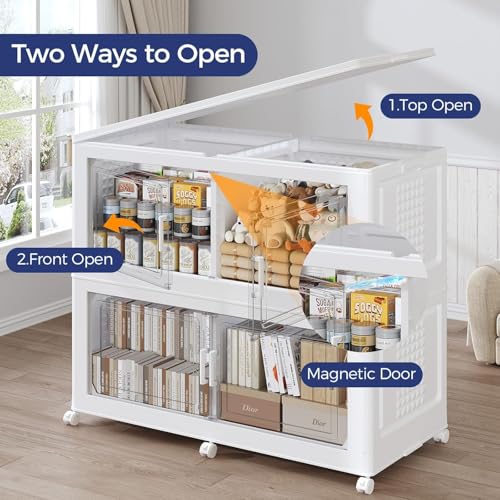 250GAL Storage Bins with Lid and Wheels, Stackable Closet Organizers and Storage Drawer, Collapsible Storage Box with Dividers, Foldable Plastic Cabinets for Room, Kitchen, 5 Pack White - color: White, size: 50Gal-5Pack