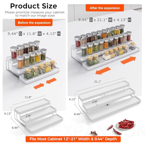 Expandable Spice Rack Organizer for Cabinet - 3 Tier Adjustable Cabinet Spice Organizer Easy Visibility - Spice Organizer for Cabinet Countertop Cupboard Pantry Organization (White) - color: White -Fits 9.5'' Deep Cabinet, size: 1 Pack
