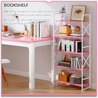 4NM 5 Tiers No Assembly Book Shelves, 51.2" H Folding Bookshelf Bookcase Open Industrial Foldable Shelves for Bedroom, Living Room, Home Office - Pink White - color: Pink White, size: XX 5-Tier