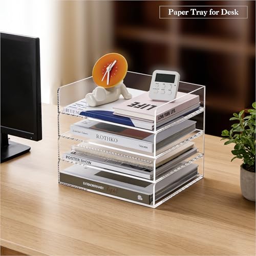 HeZone 4 Tier Paper Organizer for Desk,Acrylic Paper Tray,Clear Stackable Desk Organizer for Document, Office File,A4 Paper - style: 4-layer horizontal tray