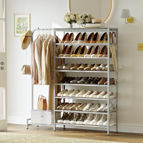 Shoe Rack with Coat Rack, 8 Tier Tall Shoe Storage Organizer with Hooks, 3-in-1, Wooden Top Shelf, Sturdy Frame, Metal Clothes Hanger Stand for Entryway, Closet, Silver - color: Silver