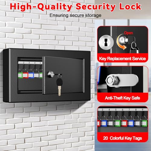 20 Position Key Lock Box Wall Mount, Anti-Theft Key Holder Wall Mount Lock Box with Key Lock and Colorful Key Tags, Secure Key Storage Organizer for Home, Office, Hotel, Car Dealership