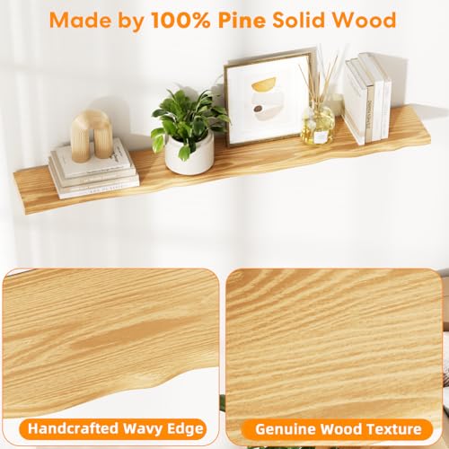 Floating Shelves for Wall Rustic Farmhouse 55 Inch Floating Shelf Bathroom Wooden Shelves for Wall Mounted Live Edge Pine Shelf with Unique Natural Grain for Living Room Bedroom Kitchen (Natural) - color: Natural, size: 55 inch - 1pc