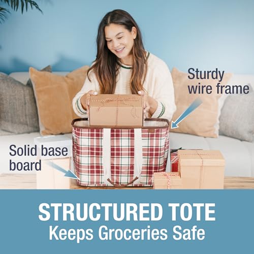 CleverMade Collapsible LUXE Tote - Reusable Grocery Shopping Storage Bag Organizer w/Handles Reinforced Bottom - color: Red Checker