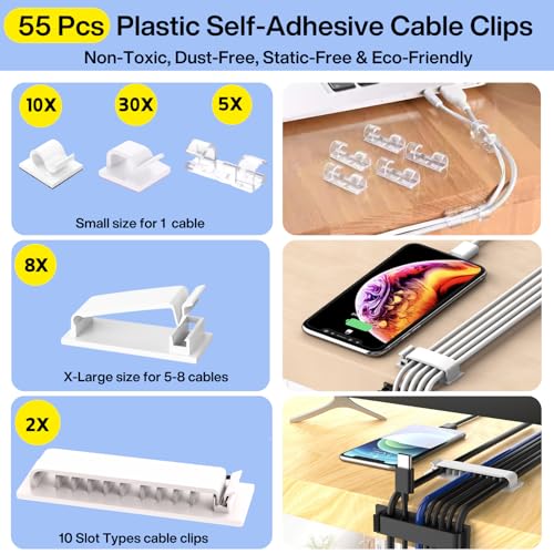 [313Pcs] Cable Management Kit, 67 Adhesive Cable Clips, Topavatop Desk Cord Organizer, 22 Reusable Cable Strap, 4 Cable Sleeve Split, 200 Nylon Cable Zip Ties with 20 Mounts for TV Office Home, White - color: White