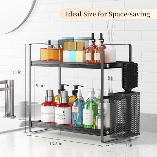 LEMIKKLE Bathroom Organizer Countertop, Counter Organizer for Bathroom Decor, Wooden Sink Shelf for Vanity Storage, Makeup Tray for Perfume Skincare Bedroom Kitchen Corner (Black) - color: Black