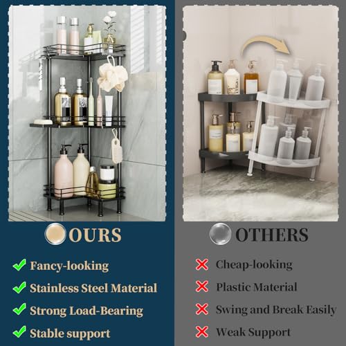 Consumest Corner Shower Caddy Standing - 3-Tier Stainless Steel Shower Organizer with Soap Holder and 4 Hooks, Large Capacity Corner Shelf Stand for Bathroom, Rest Room, Black - color: Black, size: 3 Tier