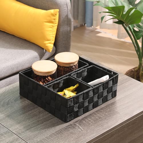 Woven Storage Baskets Set of 4, Stackable Fabric Storage Bins with Metal Frame for Closet, Shelf, Drawer, Nursery, and Office Organization – Polypropylene Organizer Boxes, Black - color: Black, size: 4PCS-without lid
